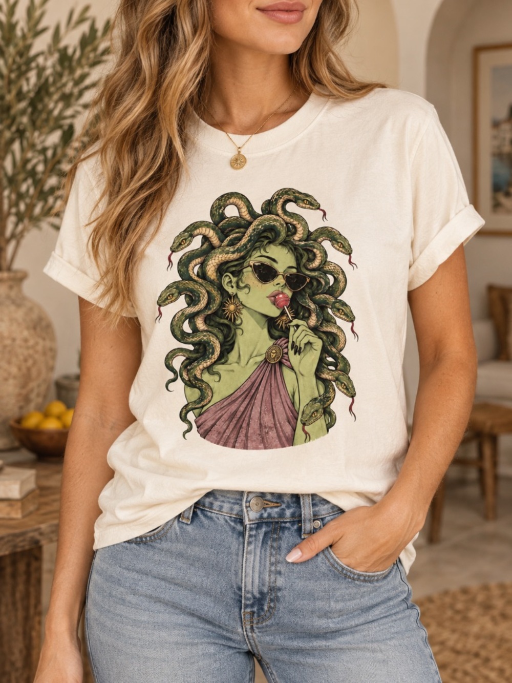 Halloween Medusa Snake Graphic Tee Retro Spooky Shirt